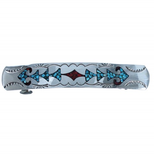 Authentic Sterling Silver Turquoise And Coral Inlay American Indian Hair Barrette BX118675