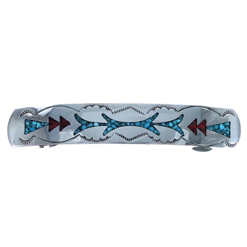 Genuine Sterling Silver Turquoise And Coral Inlay American Indian Hair Barrette BX118678