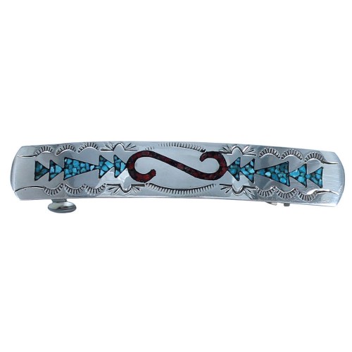 Genuine Sterling Silver American Indian Turquoise And Coral Inlay Hair Barrette BX118687