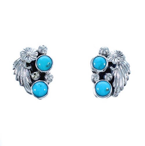 Flower and Scalloped Leaf Turquoise Sterling Silver Navajo Post Earrings CB118636