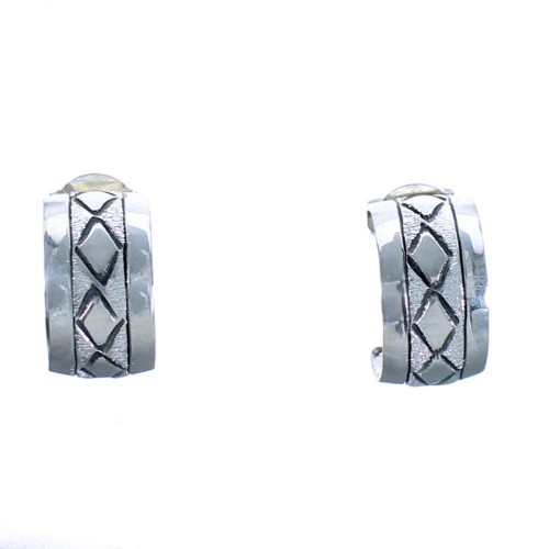 Navajo Diamond Pattern Imprinted Genuine Sterling Silver Post Hoop Earrings CB118670