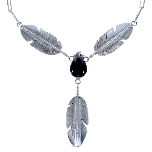 Navajo Black Onyx Feather Genuine Sterling Silver Link Necklace CB118524