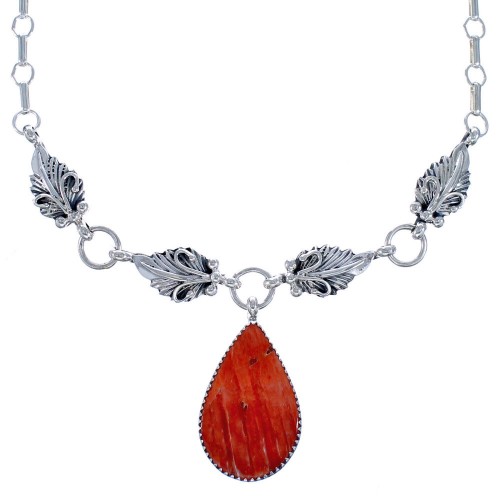 Navajo Tear Drop Red Oyster Shell Sterling Silver Scalloped Leaf Link Necklace CB118548