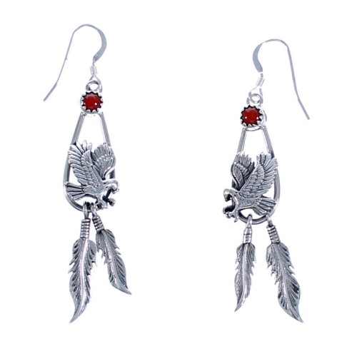 Sterling Silver Coral Feather Eagle Navajo Hook Dangle Earrings EA118280