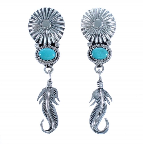 Turquoise Sterling Silver Native American Feather And Flower Post Dangle Earrings EA118292