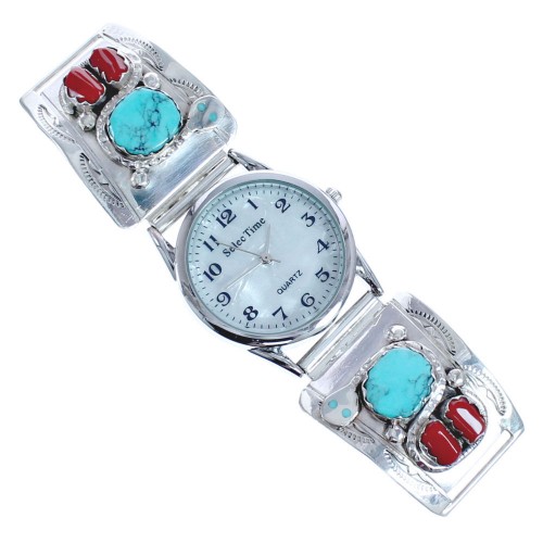 Turquoise And Coral Sterling Silver Snake Effie Calavaza Zuni Watch BX120229