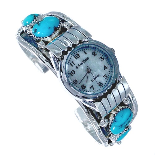 Navajo Flower Design Turquoise Sterling Silver Cuff Watch CB118259