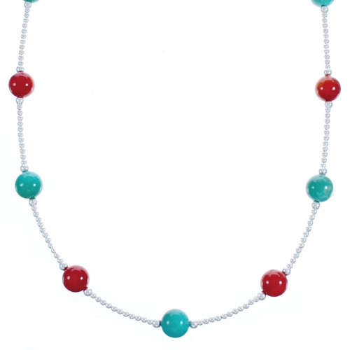 Sterling Silver Coral Turquoise Bead Necklace BX118705