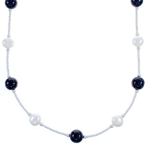 Sterling Silver Onyx Fresh Water Pearl Bead Necklace BX118713