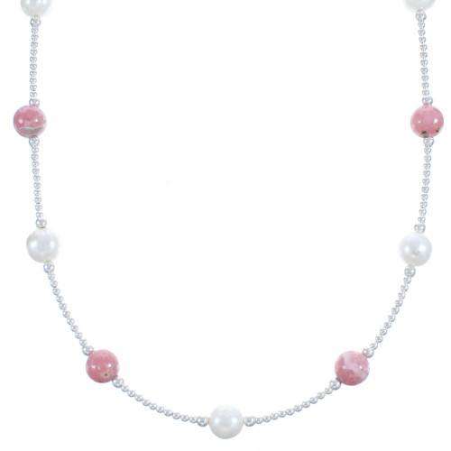 Fresh Water Pearl Sterling Silver Rhodochrosite Bead Necklace BX118721