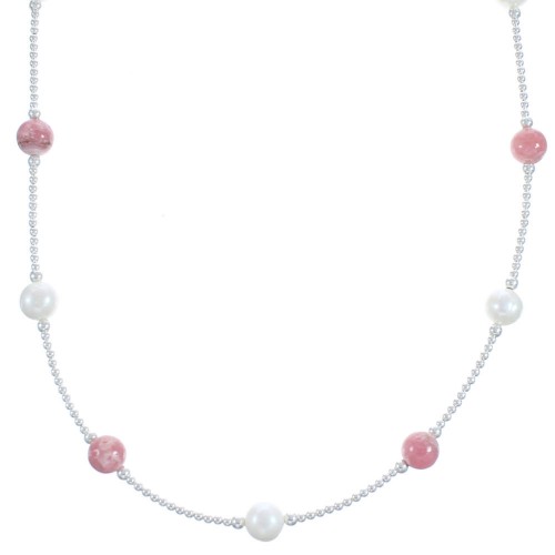 Rhodochrosite Fresh Water Pearl Sterling Silver Bead Necklace BX118727