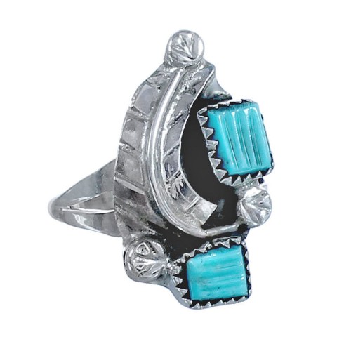 Zuni Turquoise Genuine Sterling Silver Feather Ring Size 7-1/4 CB118321