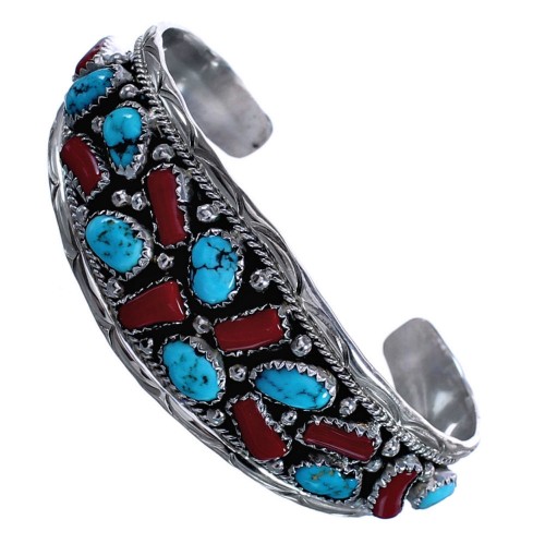 Coral and Turquoise Sterling Silver Authentic Navajo Cuff Bracelet CB118369