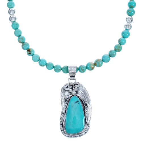 Genuine Sterling Silver Turquoise Native American Leaf Bead Necklace Set BX119566