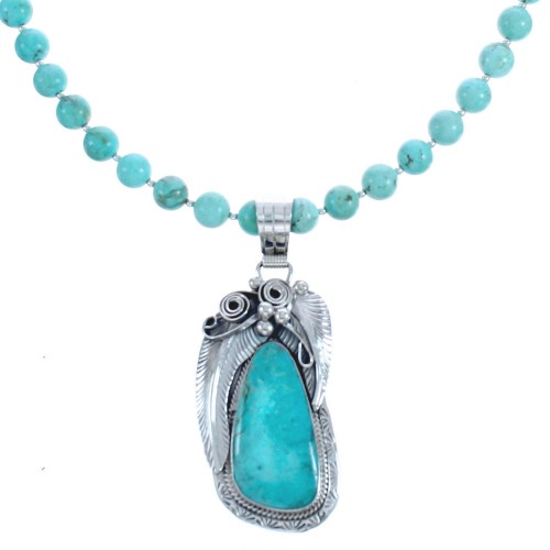 American Indian Genuine Sterling Silver Turquoise Leaf Bead Necklace Set BX119582