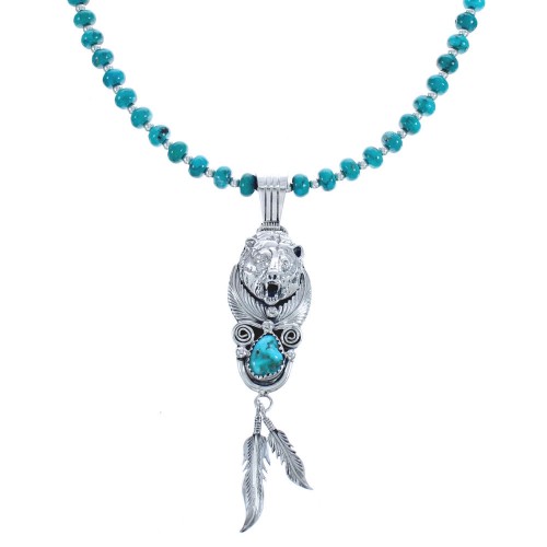 Turquoise Bear And Feather Sterling Silver Navajo Bead Necklace Set BX119581