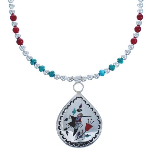 Zuni Multicolor Inlay Sterling Silver Bead Hummingbird Necklace Pendant Set BX119585