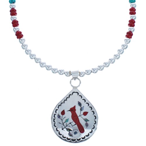 Cardinal Zuni Multicolor Inlay Sterling Silver Bead Necklace Pendant Set BX119586
