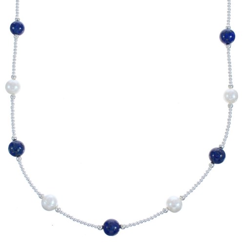 Lapis And Fresh Water Pearl Sterling Silver Bead Necklace BX119597