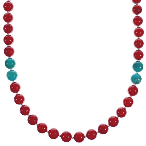 Sterling Silver Turquoise And Coral Southwest Bead Necklace RX119325