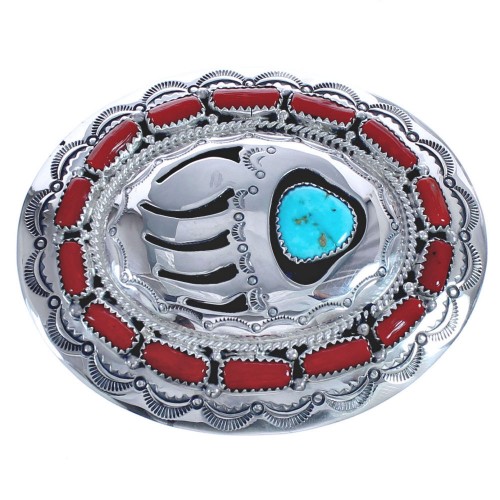 Bear Paw Coral Turquoise Sterling Silver Navajo Belt Buckle RX119329