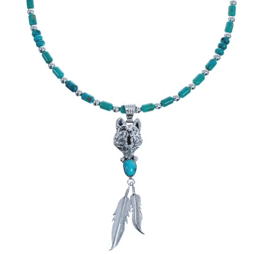 Native American Wolf And Feather Turquoise Sterling Silver Bead Necklace Set BX119087