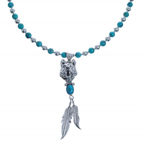 Turquoise Wolf And Feather Sterling Silver Navajo Bead Necklace Set BX119089