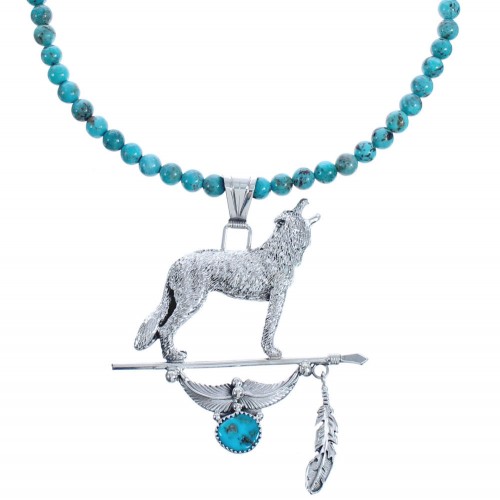 Turquoise Wolf And Arrow Sterling Silver Navajo Bead Necklace Set BX119094