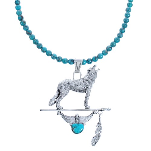 Turquoise Wolf And Arrow Sterling Silver American Indian Bead Necklace Set BX119099