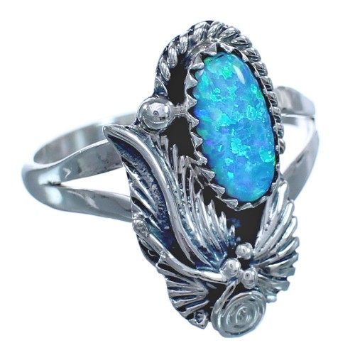 Sterling Silver Scalloped Leaf Navajo Blue Opal Ring Size 5-1/2 BX118934
