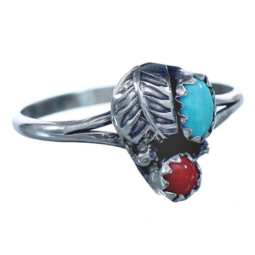 Turquoise And Coral Navajo Sterling Silver Leaf Ring Size 8-1/4 BX119150