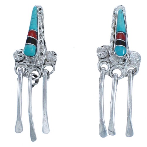 Multicolor Inlay Zuni Silver Post Dangle Earrings BX119011
