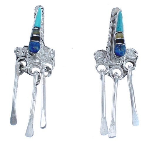 Multicolor Inlay Silver Post Dangle Zuni Earrings BX119013