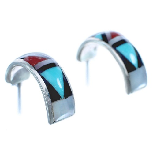 Multicolor Inlay Zuni Indian Sterling Silver Post Hoop Earrings BX119634