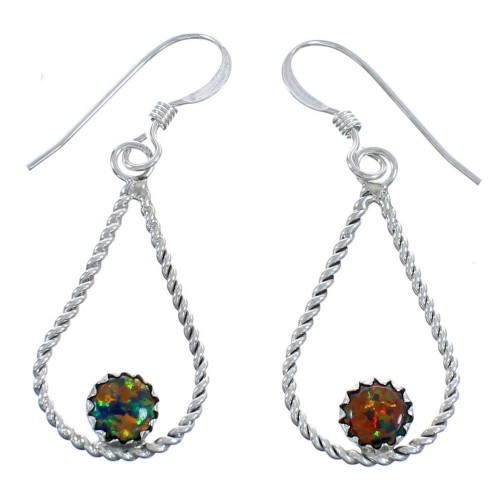 Sterling Silver American Indian Fire Opal Hook Dangle Earrings BX119642