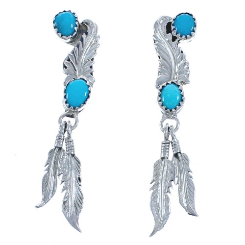 Authentic Sterling Silver Turquoise Feather Leaf Navajo Post Dangle Earrings BX119649