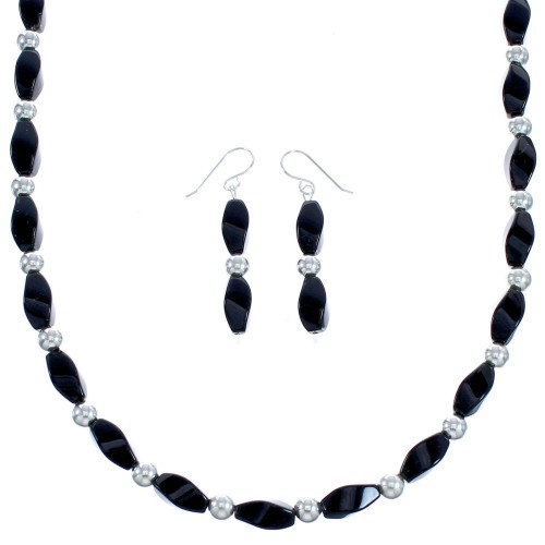 Southwest Onyx Authentic Sterling Silver Bead Necklace And Earrings Set RX119187