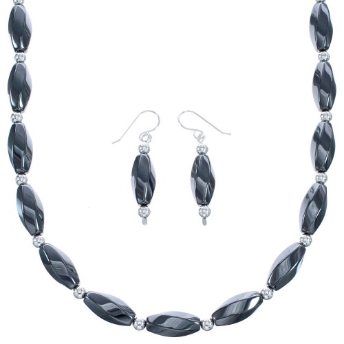 Southwest Hematite Sterling Silver Bead Necklace And Earrings Set RX119190