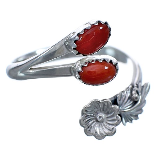 Native American Sterling Silver Coral Flower Adjustable Ring Size 8,9,10 BX119504
