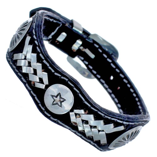 Native American Star Leather Authentic Sterling Silver Bracelet RX118903