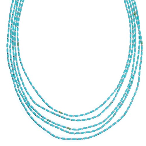 Turquoise Hand Strung Genuine Sterling Liquid Silver 16" 5-Strand Necklace RX119135