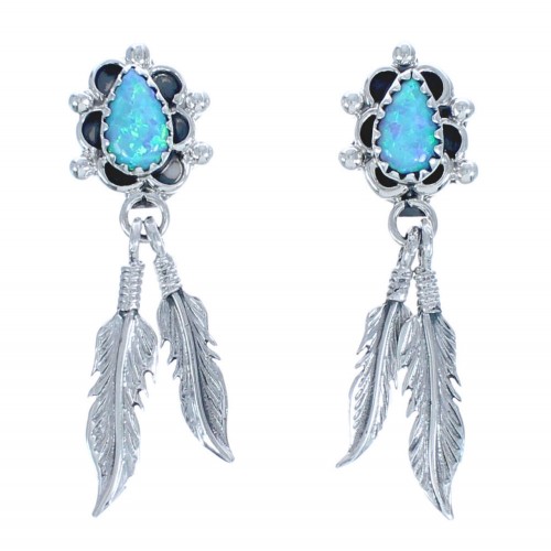 Blue Opal Sterling Silver Feather Navajo Post Dangle Earrings BX119602