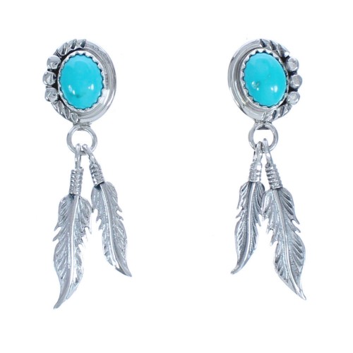 Sterling Silver Turquoise Native American Feather Post Dangle Earrings BX119621