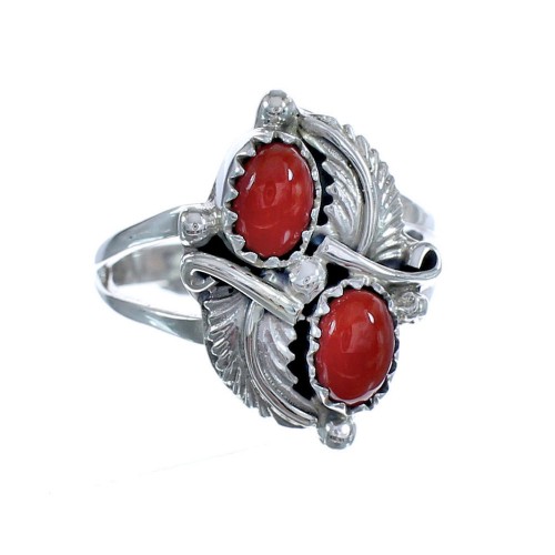 American Indain Coral Sterling Silver Leaf Ring Size 7-1/4 BX119361