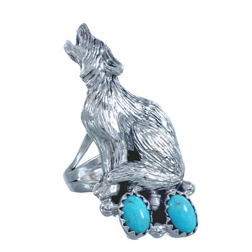 Navajo Wolf Sterling Silver Turquoise Ring Size 5-3/4 BX119396