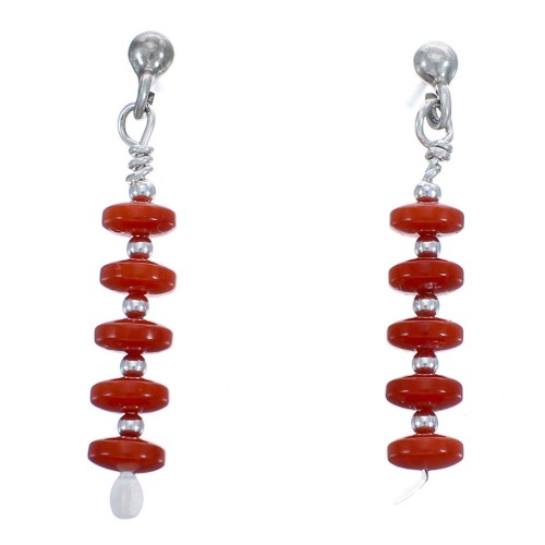 Authentic Sterling Silver Coral Bead Southwest Post Dangle Earrings BX119796