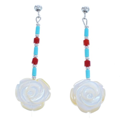 Mother Of Pearl Turquoise And Coral Sterling Silver Flower Bead Post Dangle Earrings BX119819
