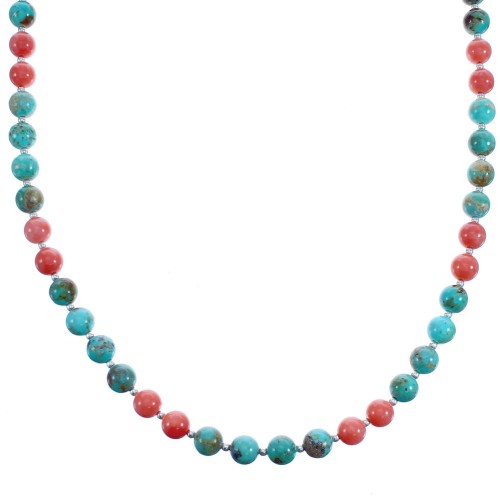 Turquoise And Pink Coral Sterling Silver Bead Necklace BX119712