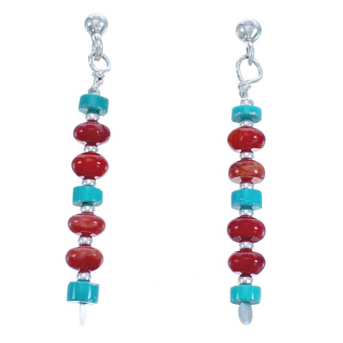 Turquoise And Coral Bead Sterling Silver Post Dangle Earrings BX119729