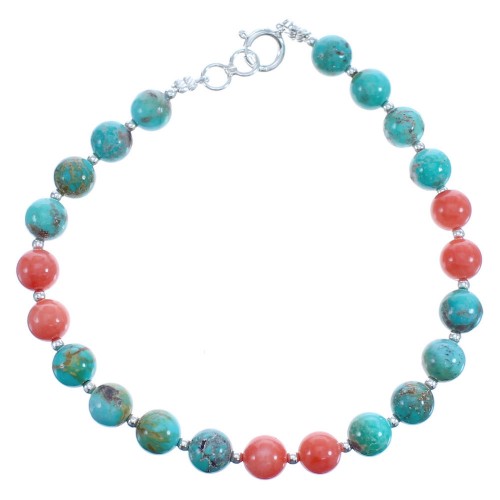 Authentic Sterling Silver Turquoise Pink Coral Bead Bracelet BX117731